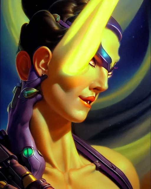 Image similar to widowmaker from overwatch, character portrait, portrait, close up, vintage fantasy art, vintage sci - fi art, radiant light, caustics, by boris vallejo