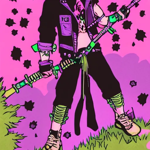 Prompt: punk aesthetic demon in 8 0 s clothing using nunchucks to fight ghosts in a forrest hellscape.