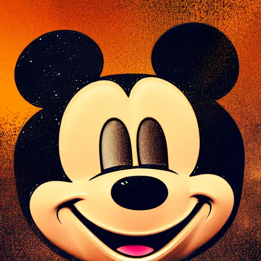 Image similar to counterfeit mickey mouse head, fractal, broken, LSD, wet, melting, fractured, mycelium, radiant alien, rococo, baroque, automotive, bio-mechanical, porcelain, iridescent, sub surface scattering, octane render