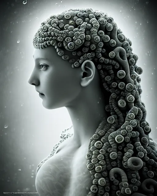 Image similar to surreal mythical dreamy underwater artistic black and white 3 d render of a translucent beautiful young female angelic - medusa - vegetal - doll, highly detailed, intricate crystal ivy jelly ornate, poetic, translucent algae ornate, digital art, octane render, 8 k artistic photography, photo - realistic, hg giger flora borsi