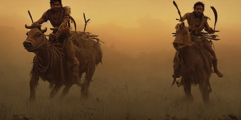 Image similar to solo ancient indian tribesman hunting on atv, chase of buffalo herd ,attacking, action scene, an epic fantasy, dramatic lighting, cinematic, establishing shot, extremely high detail, photorealistic, cinematic lighting, artstation, octane render, by simon stalenhag, horizon forbidden west,old photo, high speed photography, vintage, mad max