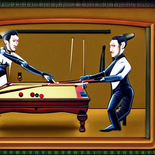 Prompt: robots playing snooker. Digital art, extremely detailed.