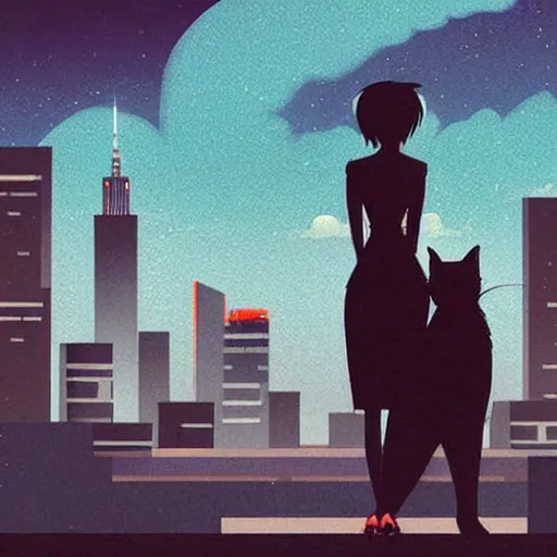 Prompt: woman with short black hair holding a cat looking at a city during the night, anime, simplistic, digital art