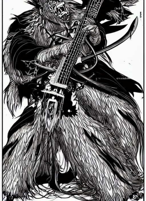 Prompt: anime bugbear playing flaming ibanez bass guitar, black beard, dungeons and dragons, hunters gear, character design on white background, drawn by studio ghibli, alphonso mucha, lolish, trending on artstation, concept art, storyboarding