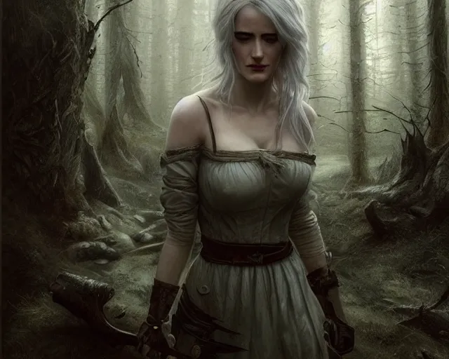 Prompt: 5 5 mm portrait photo of a real life tough looking eva green as ciri with ashen hair and a large scar along her left cheek, in a magical forest. dark atmosphere. art by greg rutkowski. highly detailed 8 k. intricate. lifelike. soft light. nikon d 8 5 0.