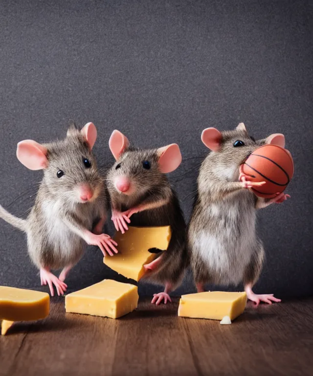 Image similar to high quality presentation photo of cute anthropomorphic rats playing basketball with cheese, photography 4k f1.8 anamorphic bokeh 4k Canon Nikon