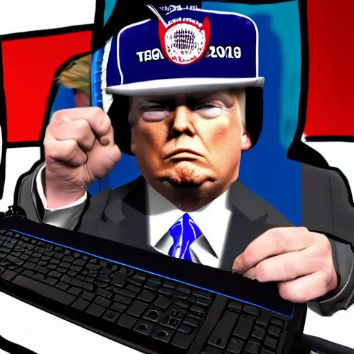 Image similar to donald trump dressed as a pc gamer very kawaii