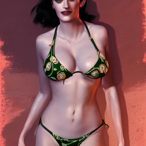 Image similar to highly detailed painting of eva green wearing a bikini, gta 5 cover art style, 8 k, radiant light, detailed and intricate environment, trending on artstation