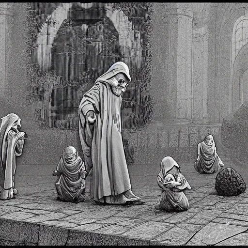 Image similar to stone priest in brown robes tending to his flock of granite children hyperrealistic, octane render intricate detail, ultra detail, in the style of moebius having a seizure in his mindpalace.