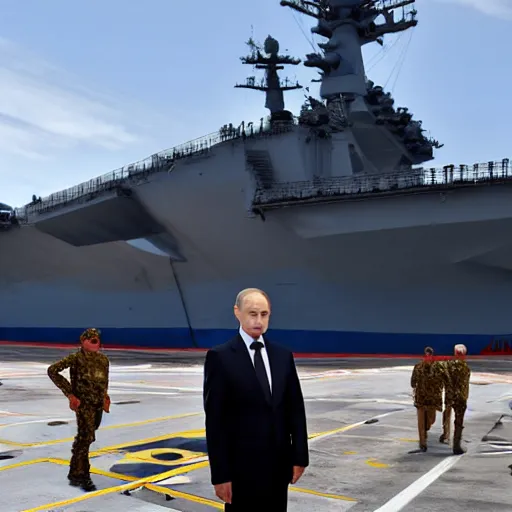 Image similar to Vladimir Putin standing under a Mission Accomplished banner on the dack of Admiral Kuznetsov aircraft carrier, high quality photo, 4k