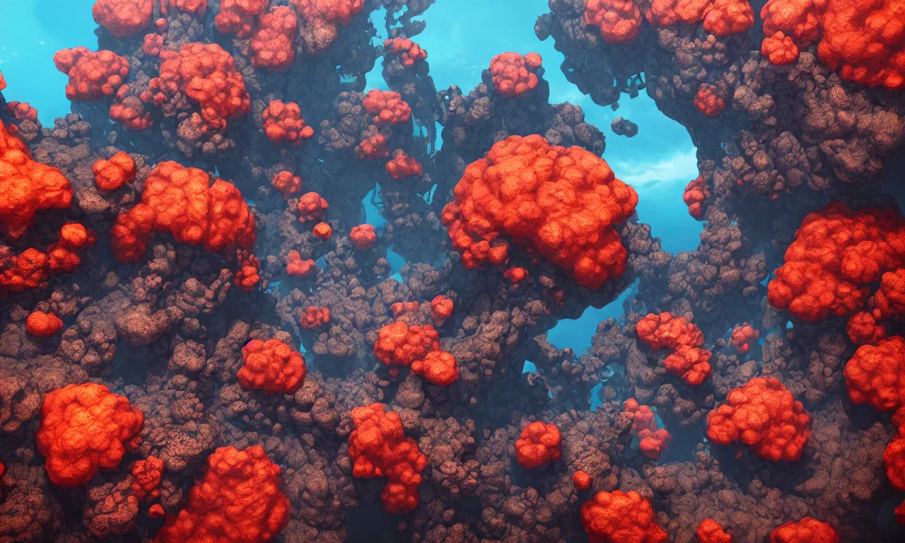 Prompt: insanely epic underwater volcanic eruption, eruption of vibrant corals, octane 3 d, octane render, unreal engine, volumetric lighting, artstation, highly detailed, sharp focus, dieselpunk colors