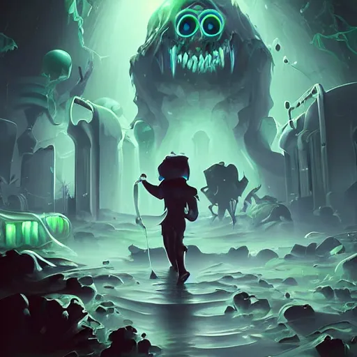 Image similar to a being of green ghostly viscous slime ooze making its way through abandoned midnight suburban streets, inevitable doom, concept art, goosebumbs novel cover, wisp lights, rhads,