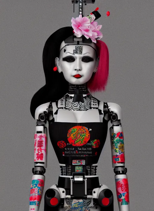 Image similar to full body photo of a punk geisha robot with kanji tattoos and decals wearing a digital pixelated kimono, intricate design, photo - realistic, octane render, ultra fine detailed, character design, trending on artstation