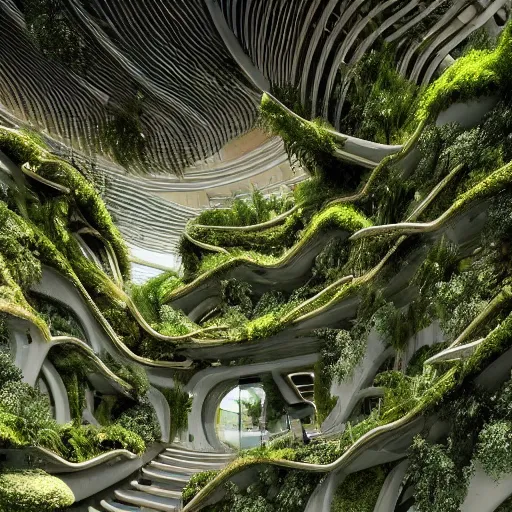 Image similar to a dream about opulent, abandoned overgrown futuristic base on Mars designed by Zaha Hadid, lush plants growing through the glossy floors and walls, walls are covered with moss and vines, beautiful, dusty, golden volumetric light shines through, golden rays fill the space with warmth, rich with epic details, dreamy atmosphere and drama