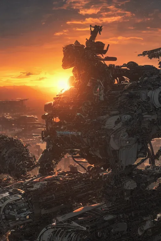 Prompt: A real photo of a Mechanical War-Bear and the sunset in the distance, by Josan Gonzalez, Yoji Shinkawa and Geof Darrow, highly detailed, Unreal Engine Render, 3D, 8k wallpaper