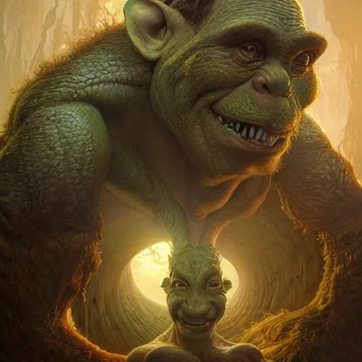 Image similar to a hyperrealistic illustration of a mix of an oger and giant and goblin, 8 k ultra realistic creature, detailed intricate, with fractal sunlight, award - winning, masterpiece, in the style of tom bagshaw, cedric peyravernay, peter mohrbacher