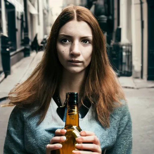 Prompt: photograph of woman holding a bottle in street, fashion shoot, award winning, kodak, 4 k, realistic intricate detail, hyper detail, woman very tired, full body potrait holding bottle, hazel green eyes, realistic, highlydetailed, natural, masterpiece, sharp focus, jennysaville