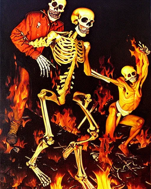 Image similar to oil geometric painting of skull skeletons burning in hell reaching for help by norman rockwell