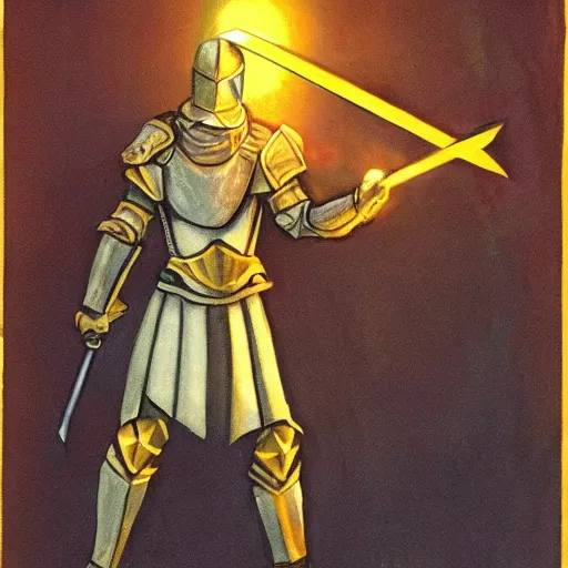 Prompt: Knight of the Light holds a glowing sword in front of him, fantastic art