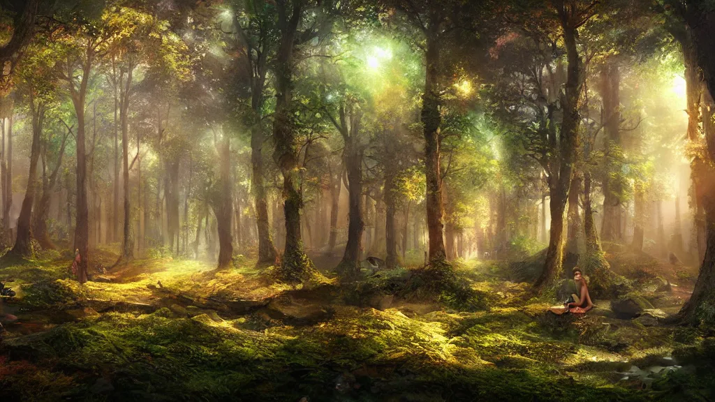 Prompt: !dream a beautiful forest, volumetric lighting, jubilant blissful atmosphere, photorealistic, hyperdetailed 3d matte painting, hyperrealism, vibrant fantasy style