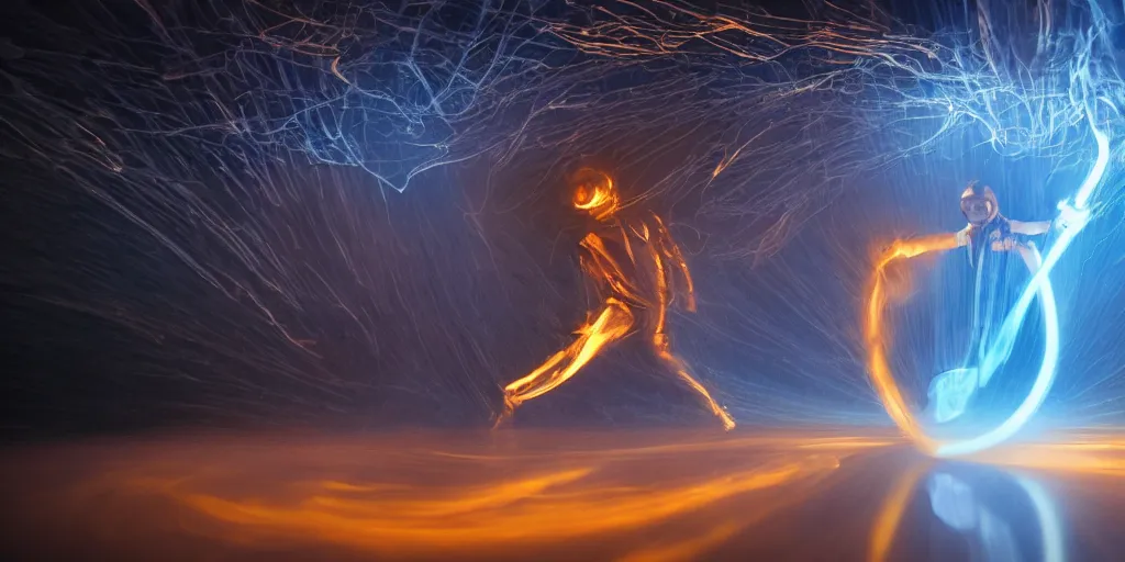 Image similar to VHS music video fisheye slow motion with lines of fire and smoke effect through a portal of futuristic break dancer wearing long dark cloak and golden helmet emitting fire and crystals, long exposure shot , enigmatic, at night half submerged by water, paddle of water, steam, fog, water splashes, rim lights, glossy reflections, water droplets on lens, octane render, Volumetric dynamic lighting, stunning cover magazine, high details, hajime sorayama