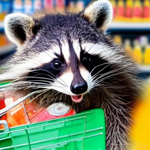 Image similar to happy raccoon pushing a grocery cart filled with medical supplies, a laptop and a face mask