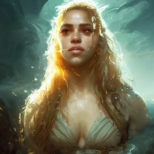 Image similar to portrait of Shakira, amazing splashscreen artwork, splash art, head slightly tilted, natural light, elegant, intricate, fantasy, atmospheric lighting, cinematic, matte painting, by Greg rutkowski