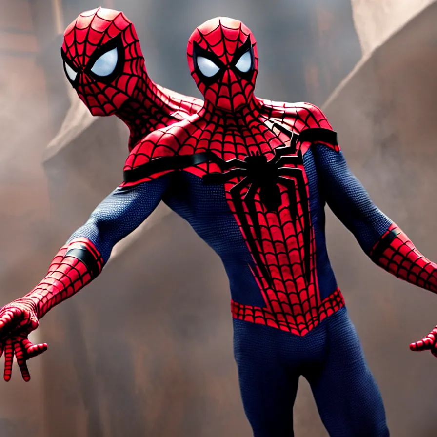 Image similar to red and yellow, dark fantasy spiderman outfit, large eyes, white webbing, movie still from the avengers