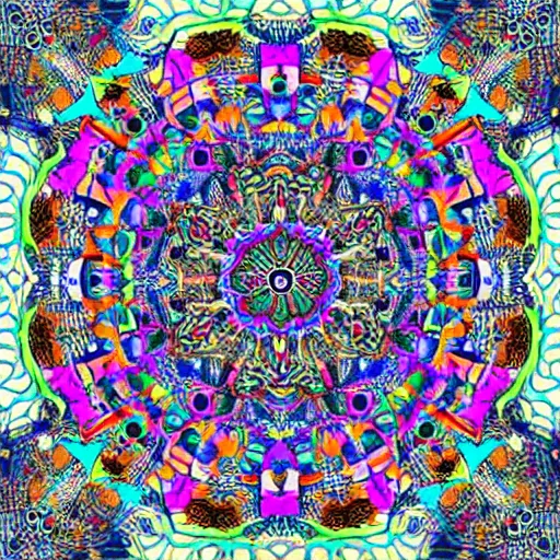 Prompt: A mandala of cats, hyper detailed, psychedelic