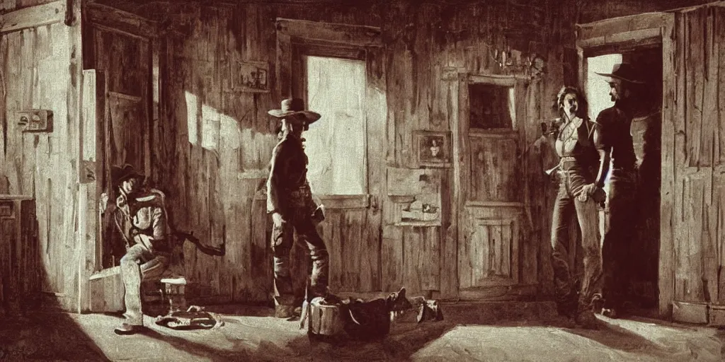 Image similar to in an old west cabin, close up portrait of beautiful Mila Jovovich (alone) in the doorway and Dave Bautista cowboy standing ((alone)) at the window, arguing, symmetrical, in the style of Fredrick Remington, oil painting, cinematic