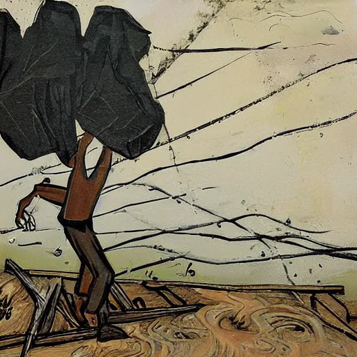 Image similar to The painting shows a man caught in a storm, buffeted by wind and rain. He clings to a tree for support, but the tree is bent nearly double by the force of the storm. The man's clothing is soaked through and his hair is plastered to his head. His face is contorted with fear and effort. Mediterranean by Bernard Buffet earthy