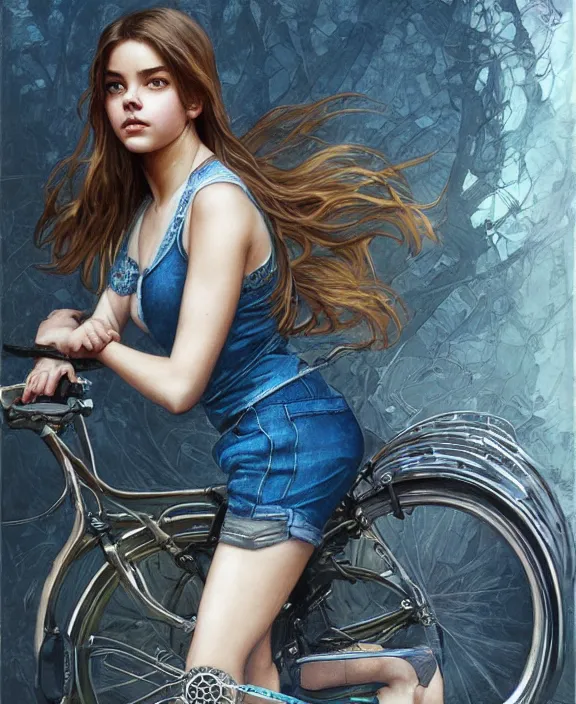 Prompt: portrait of barbara palvin in denim shorts riding a bicycle, full body, intricate, elegant, highly detailed, digital painting, artstation, concept art, art by artgerm and greg rutkowski and alphonse mucha