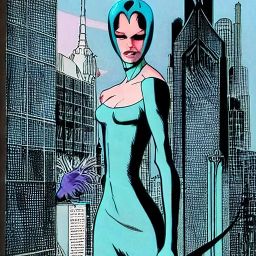 Prompt: Tall beautiful slender female witch with dark hair, futuristic, alien cityscape, symmetrical features, full body, face visible, artstation, graphic novel, colourful, 2D matte, art by Ralph Bakshi, Dave Sim, Frank Quitely, Moebius, Jeff Smith,