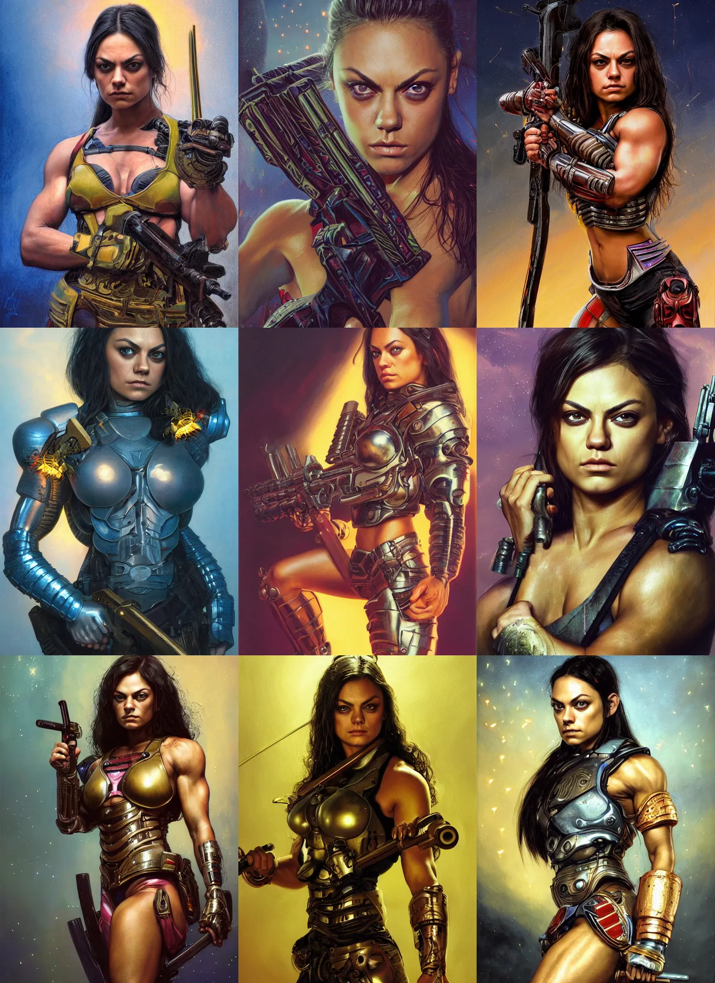 Prompt: bodybuilder mila kunis closeup portrait of a beautiful biblical diabolical samurai girl holding a rifle, cyborg neon armor, foggy fireflies, cinematic studio light, golden hour, by gerald brom, by mikhail vrubel, by peter elson, muted pastel colors, extreme detail, trending on artstation, 8 k