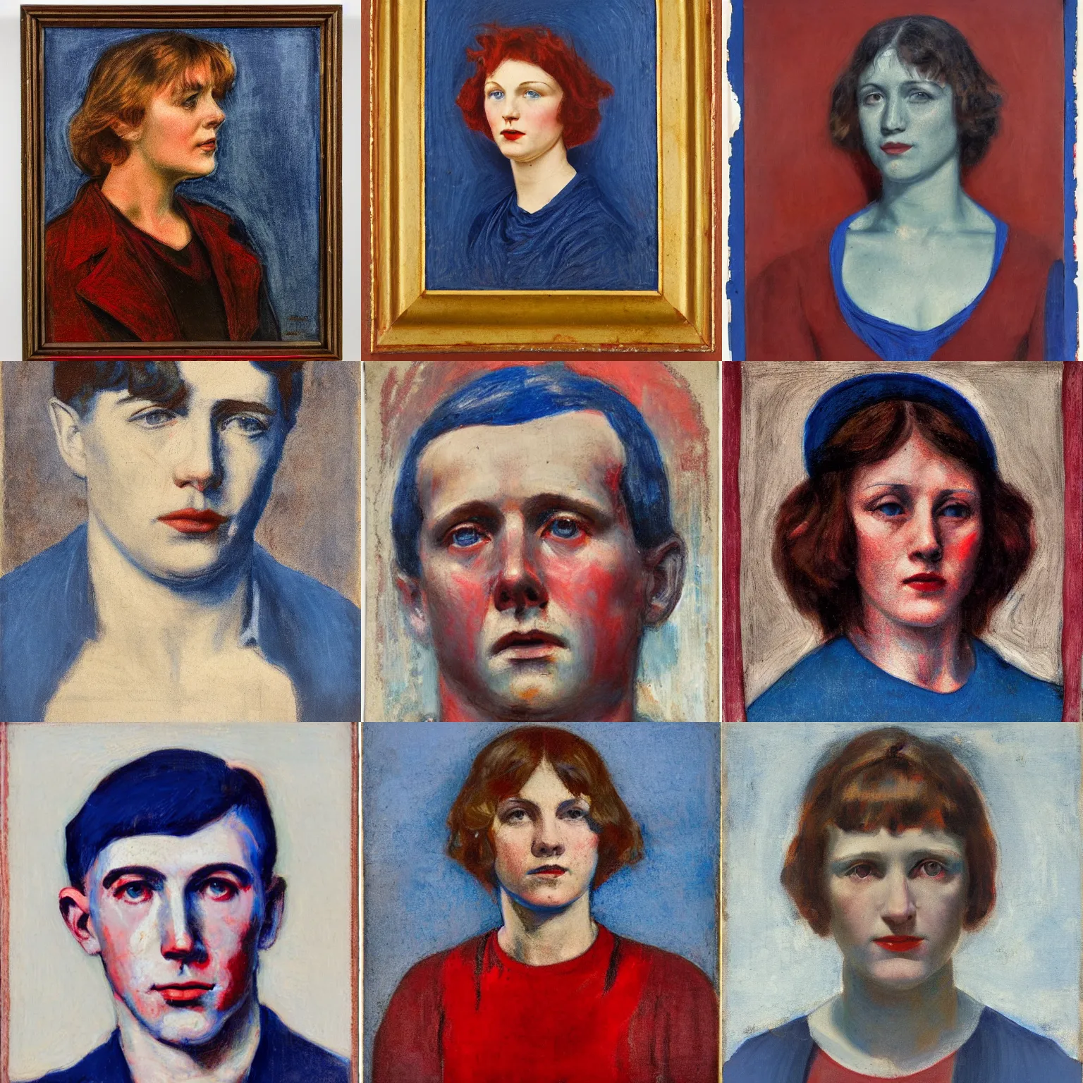 Prompt: portrait in the style of american realism ( 1 9 2 3 ), ultramarine blue, red iron oxide, and titanium white