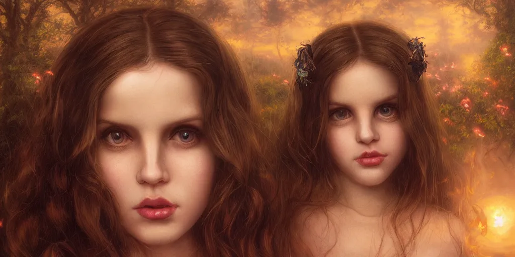 Image similar to big-eyed Lana Del Rey staring into the camera, sundown misty firefly wisps, Lilia Alvarado, Sophie Anderson, Mark Arian, Bob Byerley, Charlie Bowater, Mark Brooks, Steve Henderson, Justin Gerard, Arthur Hughes, Edward Robert Hughes, Mark Keathley, Victor Nizovtsev, Carlos Shwabe, Ross Tran, WLOP