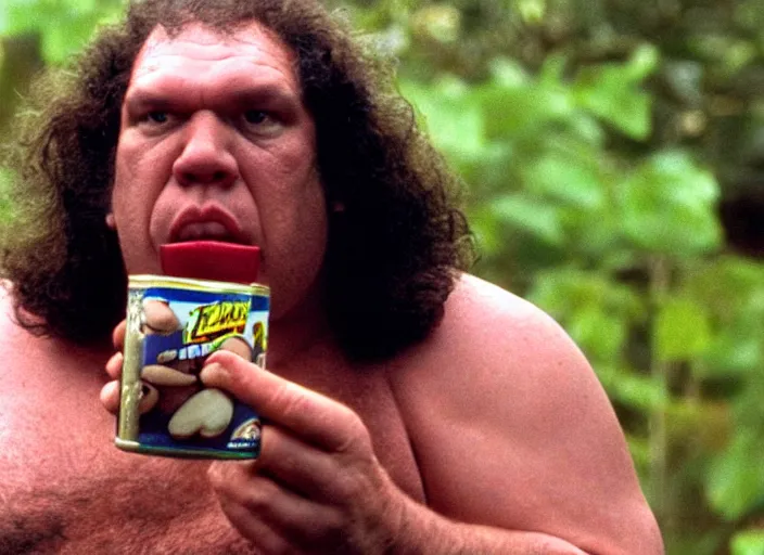 Image similar to film still of Andre the Giant eating a can of beans in the new Sleepless in Seattle movie, 4k