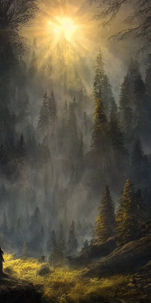 Prompt: a single tall mountain reaching towards space at twilight, an ecological gothic scene, a beautiful druid in the distance, witch runes in the deep forest, magical clearing, sunshafts, dramatic lighting, dust motes floating in the sunlight, 4 k concept art