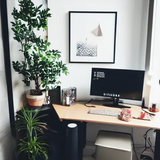 Image similar to a cozy HYGGE gaming station, dim lights, many plants