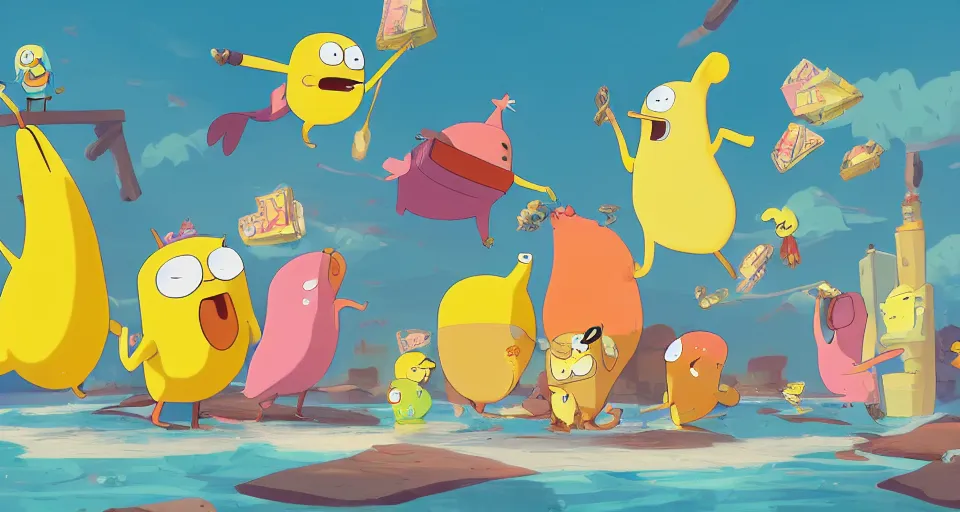 Image similar to cartoon banana birds swimming in ice cream in the style of adventure time, the amazing world of gumball, pixar, toki doki, greg rutkowski and makoto shinkai, trending on artstation