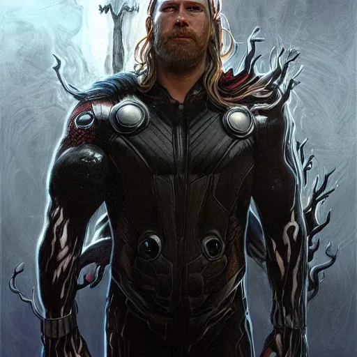 Image similar to thor fused with venom symbiote | slimy black goo | cinematic lighting | award - winning | closeup portrait | by donato giancola and mandy jurgens and charlie bowater | featured on artstation | pencil sketch | sci - fi alien