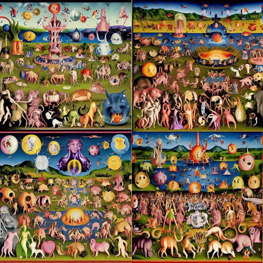 Prompt: the garden of earthly delights hell panel, lisa frank style