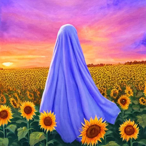 Image similar to Bedsheet Ghost in a field of sunflowers, sunset, Watercolor, photorealistic, high resolution, award winning, trending on artstation, art by artgerm