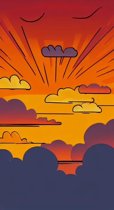 Prompt: yellow clouds, under orange clouds, sunset, smooth, cartoonish vector style, background artwork, digital art, award winning, pixel art