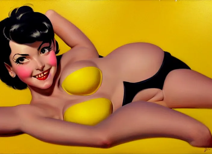 Image similar to the style of the artist gil elvgren, a girl with black hair, overwatch tracer, with a very beautiful symmetrical face, a smile on her face, tanned skin, in a yellow bikini, against the background of a sea beach, in art style, high detail, digital painting, hyperrealism