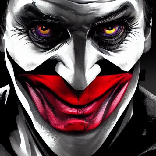 Image similar to a face of half batman half joker, digital painting, amazing detail, artstation, cgsociety