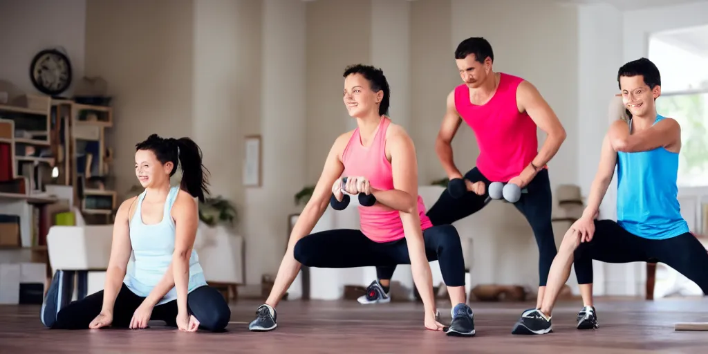 Image similar to a husband and wife exercising with four kids studying, award winning photo,