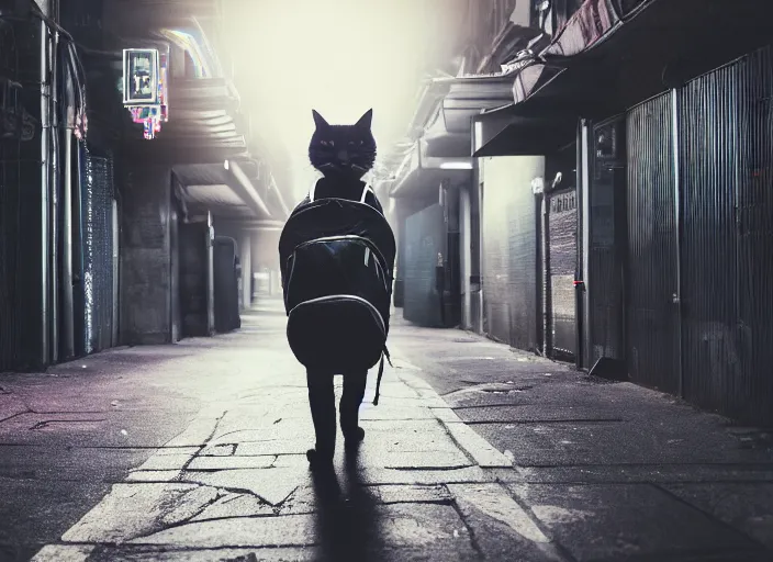 Image similar to photography of a Cat carrying a backpack . in a cyberpunk street. award winning photo, led lighting, night, 24mm, sharp, high res