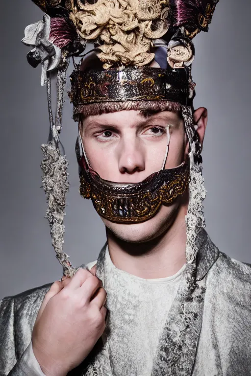 Prompt: portrait of a 2 1 st century fashion show featuring men's wear based in 1 7 5 0's england, fashion photography, elaborate lights. mask on face, accurate details, ultra hd, beautiful background