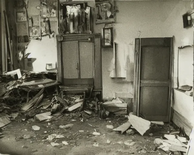 Prompt: An award winning photo of 1970's living room abandoned 10 years ago, urban exploration, 4k, color Polaroid photo